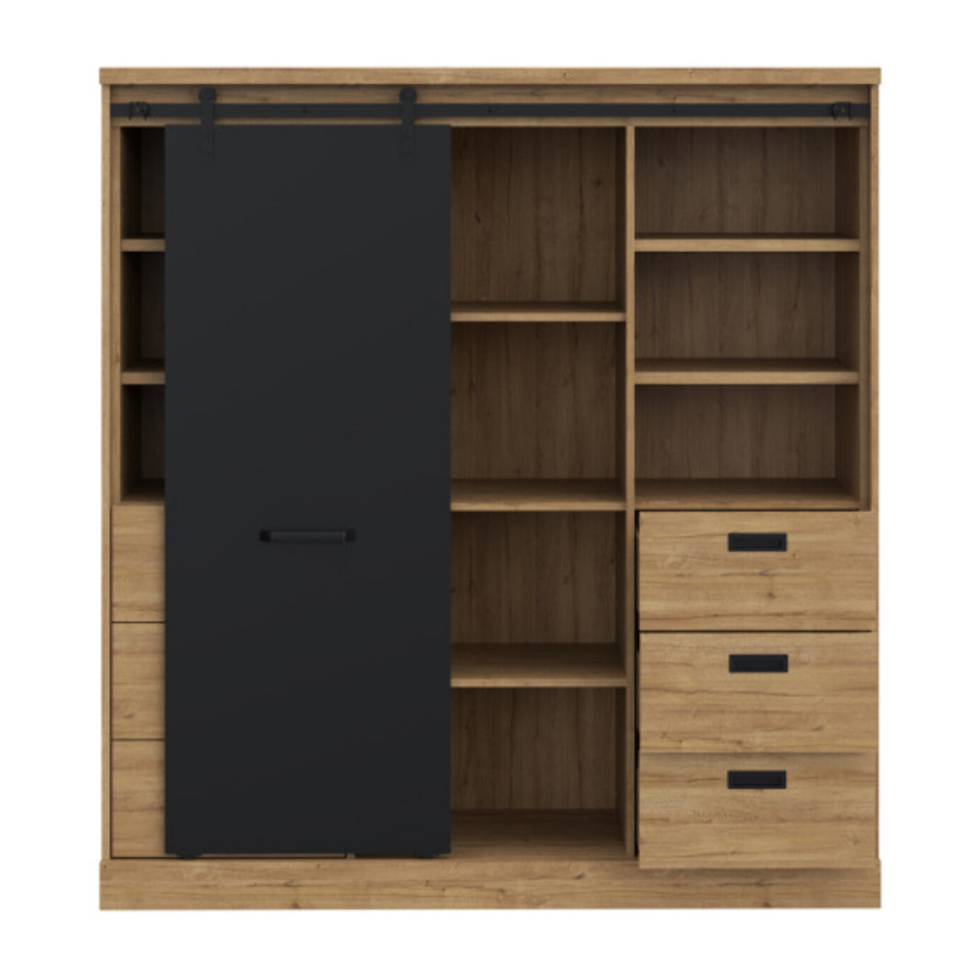 Buffet haut et large avec LED en bois effet chêne et noir - FACTORY