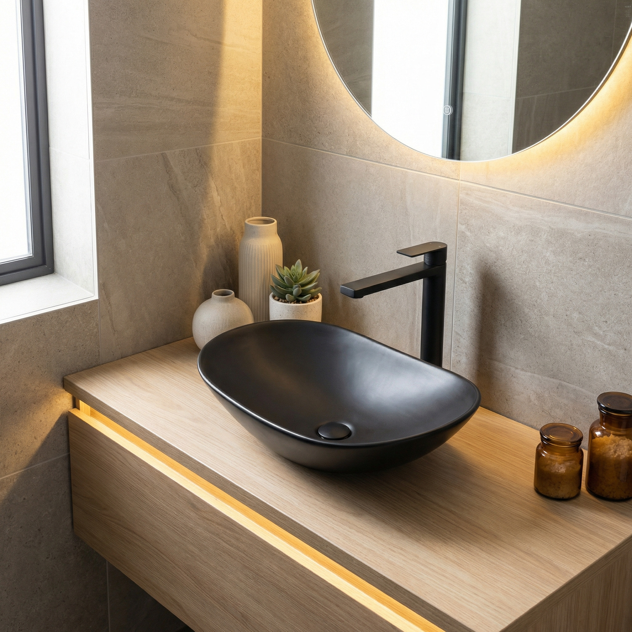 Set complet vasque à poser 61,5 x 36 cm noir mat + mitigeur haut XL assorti – salle de bain moderne B-Way (SATINF61536BKM-BWAY)