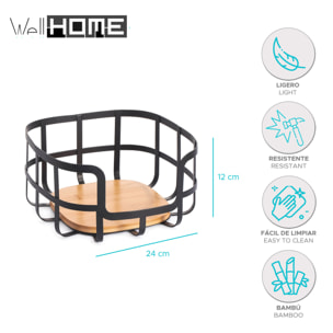 Frutero de estilo industrial 24x24,5x12cm en acero y bambú en color Negro