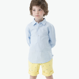 Bermudas niño, satén estampado, amarillo, cierre de botón