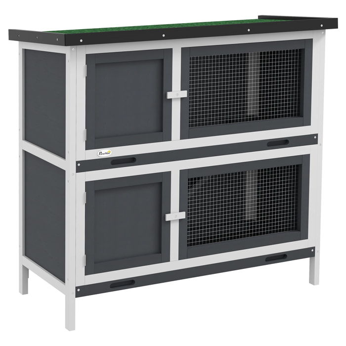 Conejera de Madera Jaula para Conejos de 2 Pisos 97x44x91 cm con Techo Asfáltico Puertas con Pestillo Bandejas Extraíbles y Rampa para 2 Conejos Gris