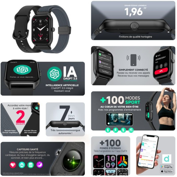 Montre connectée ECHO Rainbow Pro S Noir Silicone + Gris Nylon