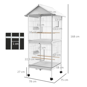 Jaula para Pájaros 2 en 1 Grande de 2 Pisos Convertible en Sola Jaula con Ruedas 4 Comederos 4 Perchas y Bandejas Extraíbles para Canarios Loros 78x75x168 cm Blanco