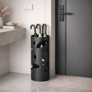 Portaombrelli Rotondo In Acciaio Zincato Con Vaschetta Scolapioggia E 4 Ganci Removibili Base Antiscivolo Design Moderno Ingresso 41 x 17 Cm Nero
