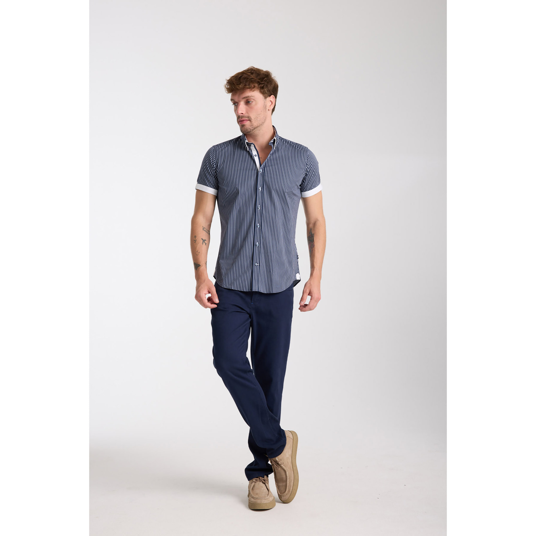 camicia uomo slim 1 bottone button down doppio collo Popeline Stretch Riga Media Blu\Bianco