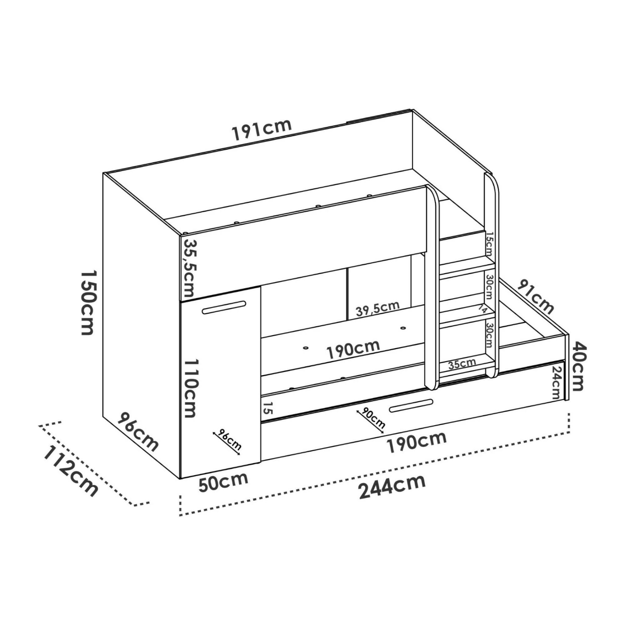 Letto per bambini Eiger, Cameretta completa con armadio e cassetto, Composizione letto a castello con due lettini singoli, 244x112h150 cm, Rovere e Bianco