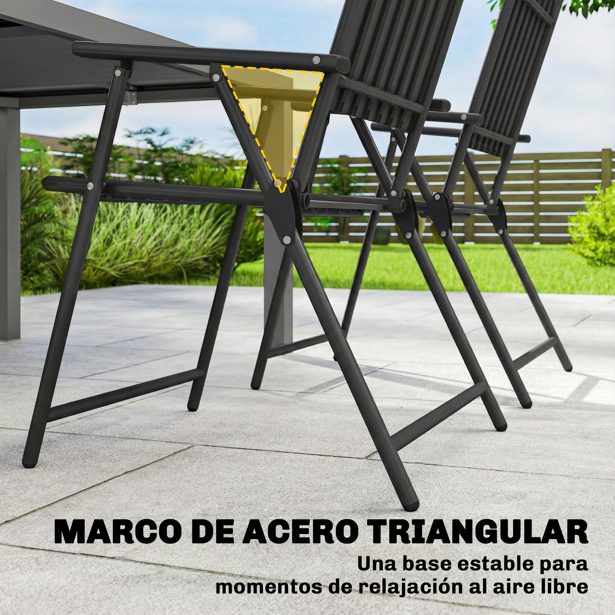 Juego de 4 Sillas de Jardín Exterior Plegables, Sillas Terraza Exterior con Reposabrazos, Respaldo y Asiento de PP, Marco Metálico, 55x63x93 cm, Negro
