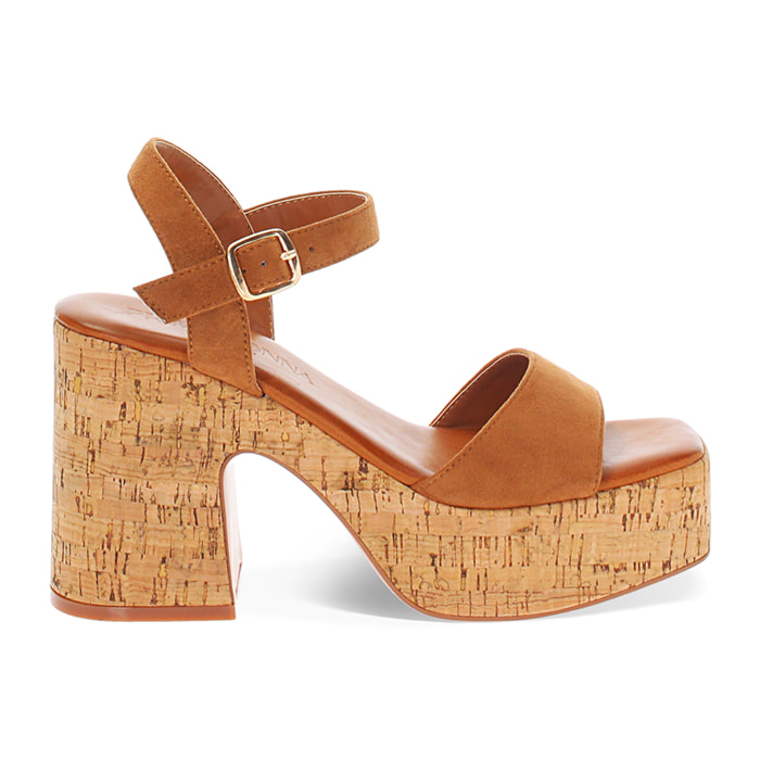 Sandali con plateau donna cognac in microfibra