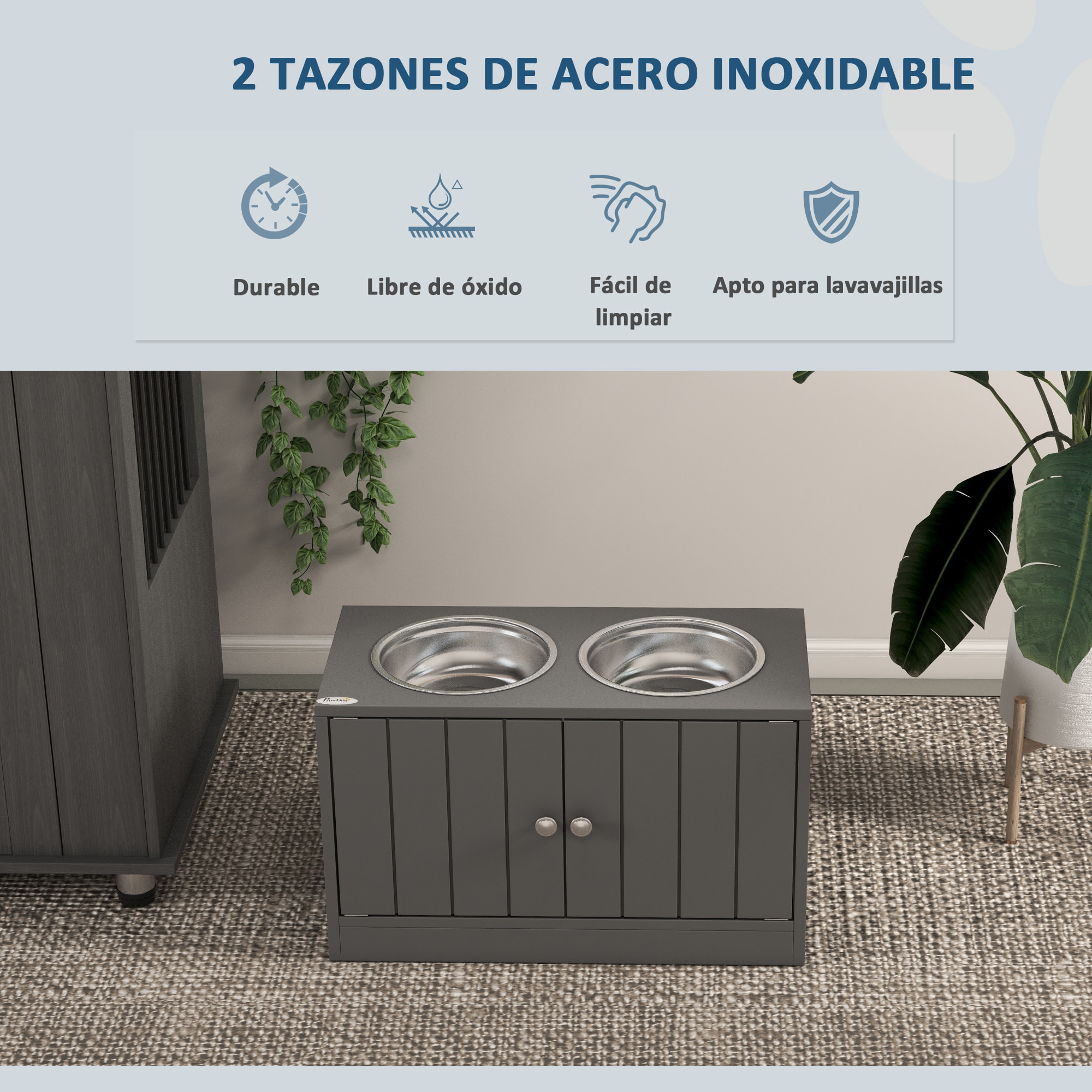 Comedero Perro Elevado con 2 Cuencos de Acero Inoxidable 2x2000 ml Comedero Elevado para Perros Grandes con 2 Puertas y Almacenamiento Oculto Gris