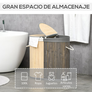 HOMCOM Cesto para Ropa Sucia de Bambú Capacidad de 100L Cesta para la Colada con Tapa Abatible y Bolsa de 2 Compartimentos Extraíble 62,5x37x60,5 cm Gris y Natural