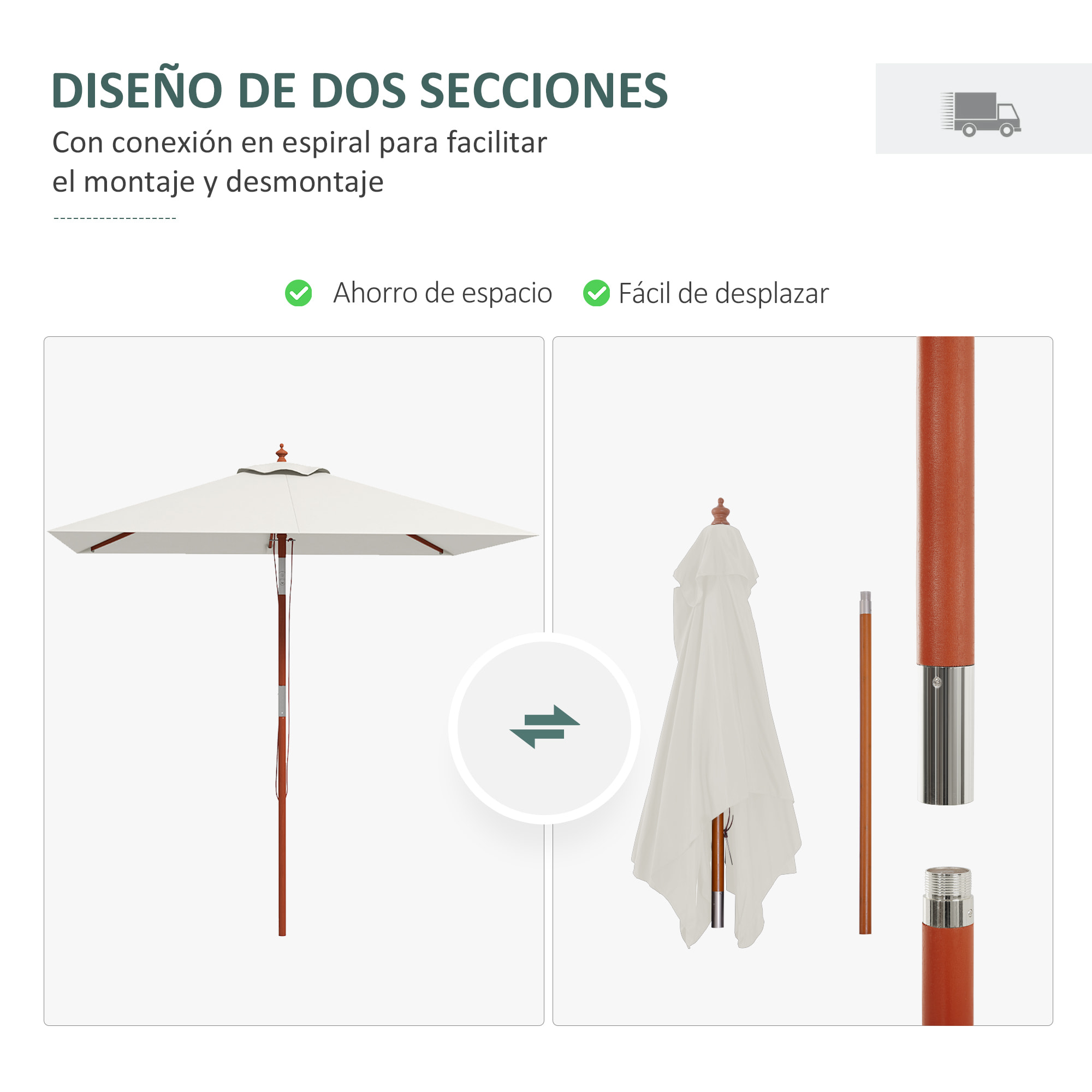 Sombrilla de Jardín 200x150x235 cm Parasol de Terraza Rectangular Inclinable con Anti-UV Impermeable y Poste de Madera para Playa Patio Beige