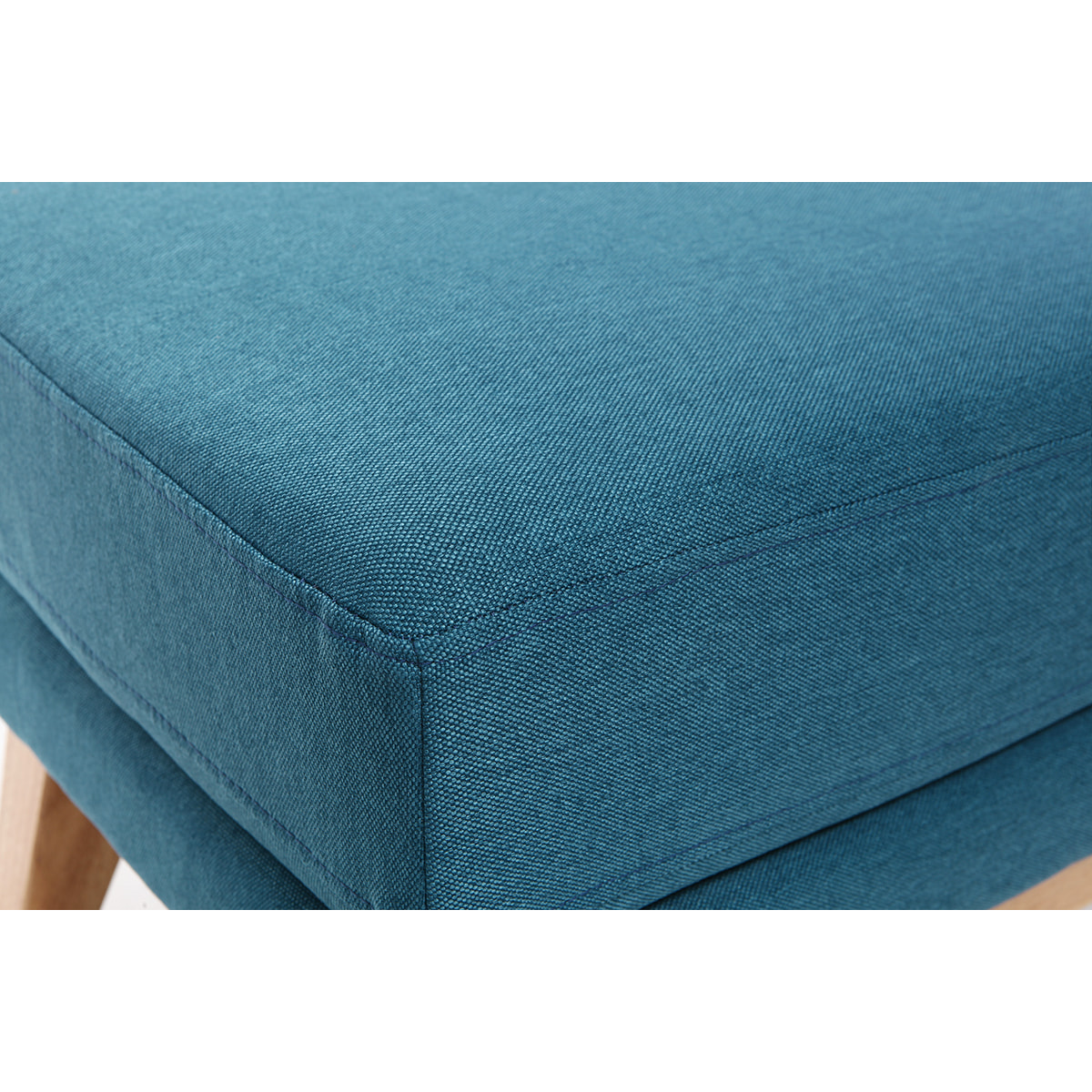 Pouf repose-pieds déhoussable scandinave en tissu bleu canard et bois clair OSLO