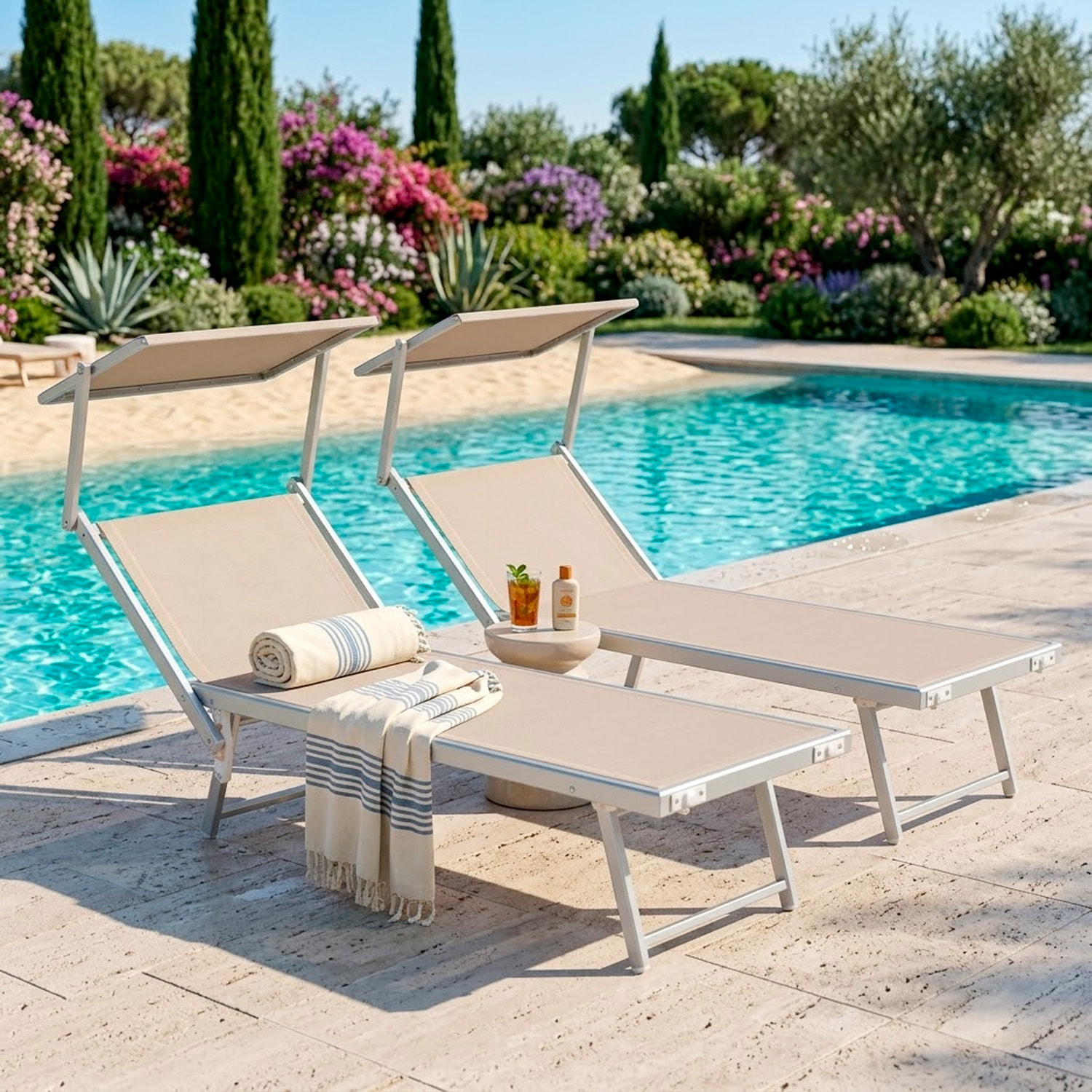 Coppia Di Lettini Prendisole Pieghevole Professionale in Alluminio e Tessuto Textilene Tettuccio Parasole Sdraio Mare Spiaggia 182x60x38 cm Beige