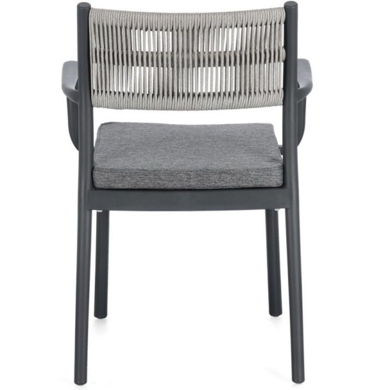 Set di 4 sedie ALVIN in polipropilene antracite e corda intrecciata grigio chiaro, con braccioli