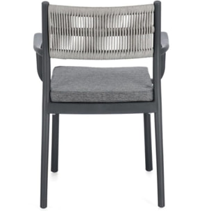 Set di 4 sedie ALVIN in polipropilene antracite e corda intrecciata grigio chiaro, con braccioli