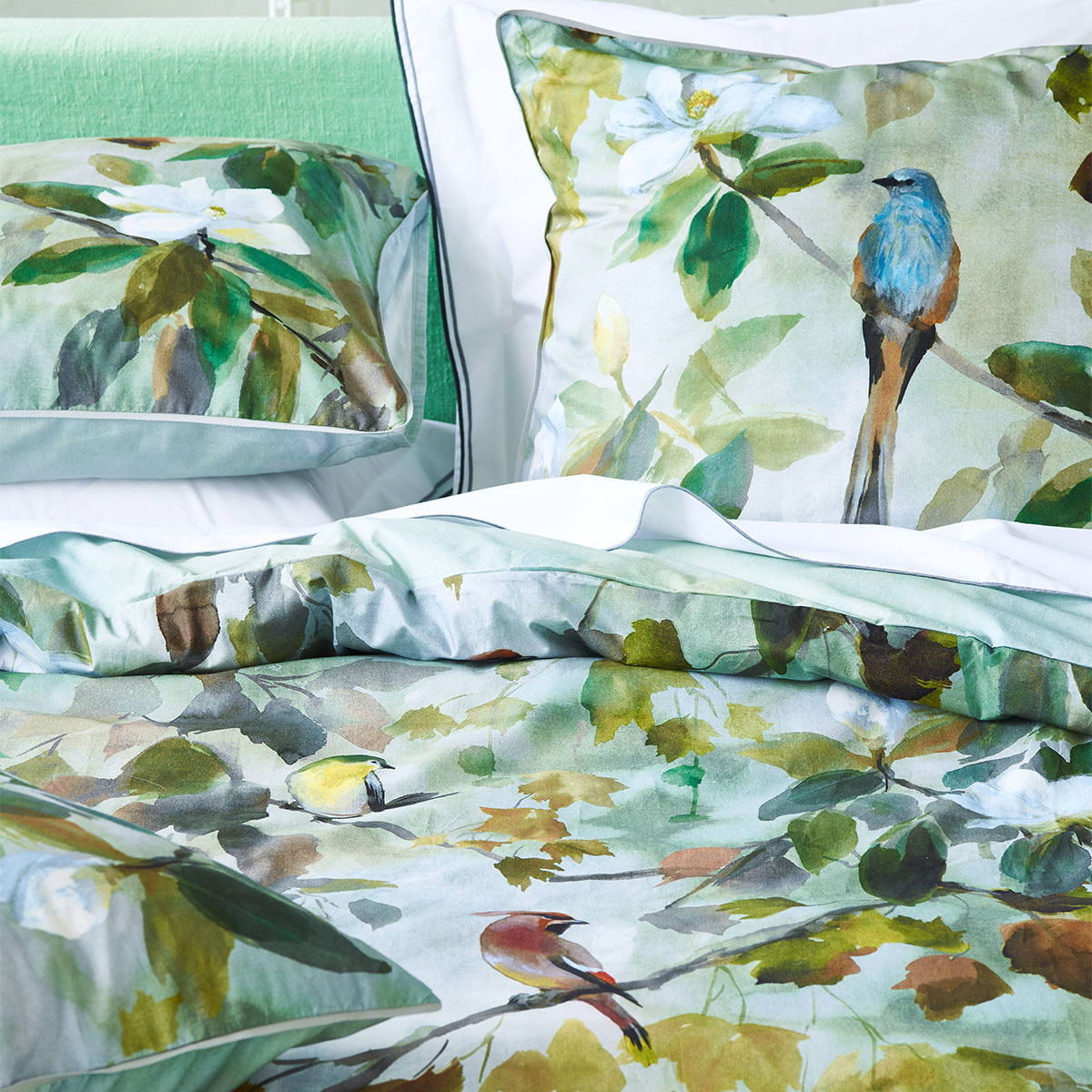 Taie d'oreiller imprimée en percale de coton, MAPLE TREE CELADON, Bleu