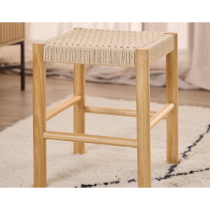 Liora - tabouret en bois de pin et corde tressée – H 45cm - Bois / Beige