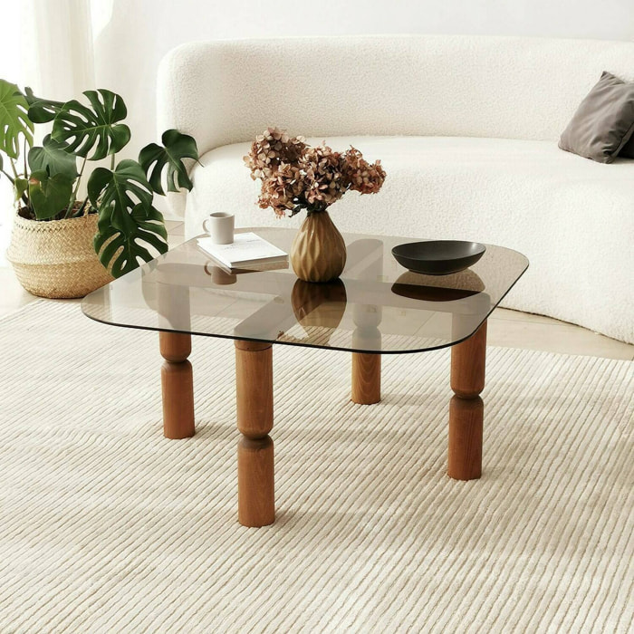 Tavolino da salotto Gran, Tavolo basso da caffè, Portariviste per divano, Ripiano da soggiorno, 80x80h40 cm, Noce e Fumè