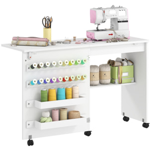 Table de couture pliable mobile 2 bacs 18 porte-bobines étagère blanc