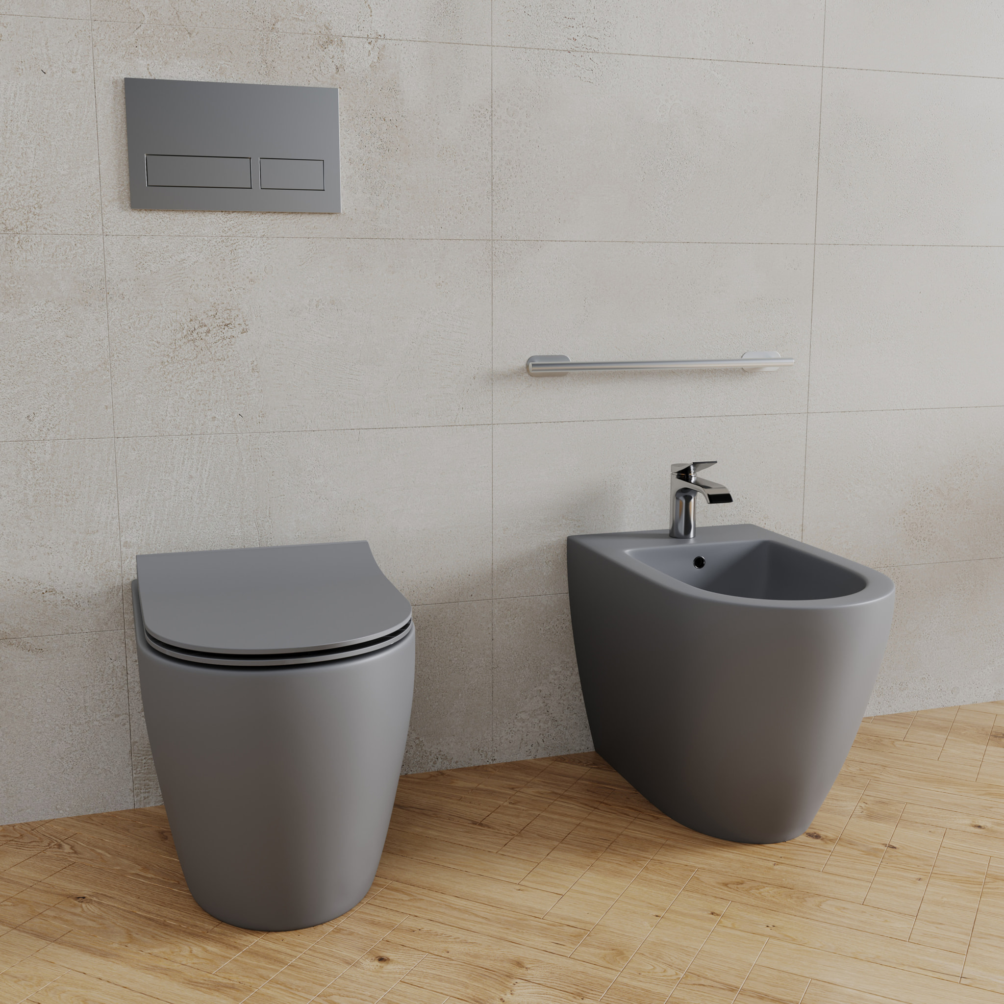 Coppia Sanitari Filomuro Filo Muro Filo Parete Vaso WC E Bidet Design Moderno In Ceramica Con Copriwater Chiusura Soft Close Rallentata Grigio Opaco
