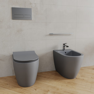 Coppia Sanitari Filomuro Filo Muro Filo Parete Vaso WC E Bidet Design Moderno In Ceramica Con Copriwater Chiusura Soft Close Rallentata Grigio Opaco