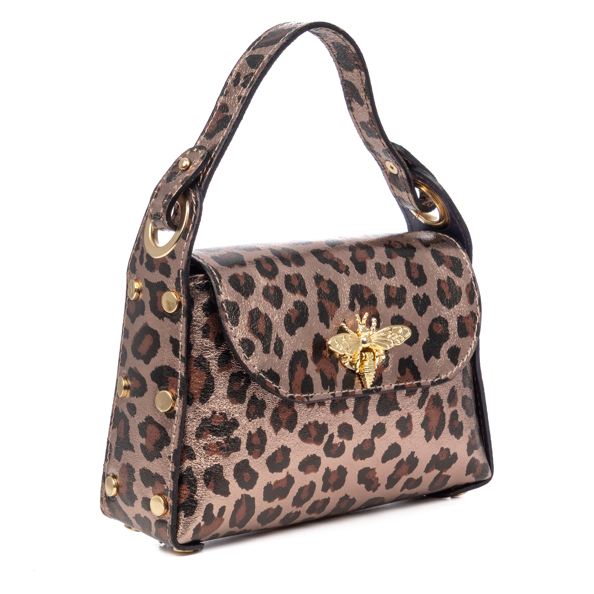 Aquileia bolso de mano mujer. Piel auténtica Gamuza con estampado animal print leopardo lacada brillante.
