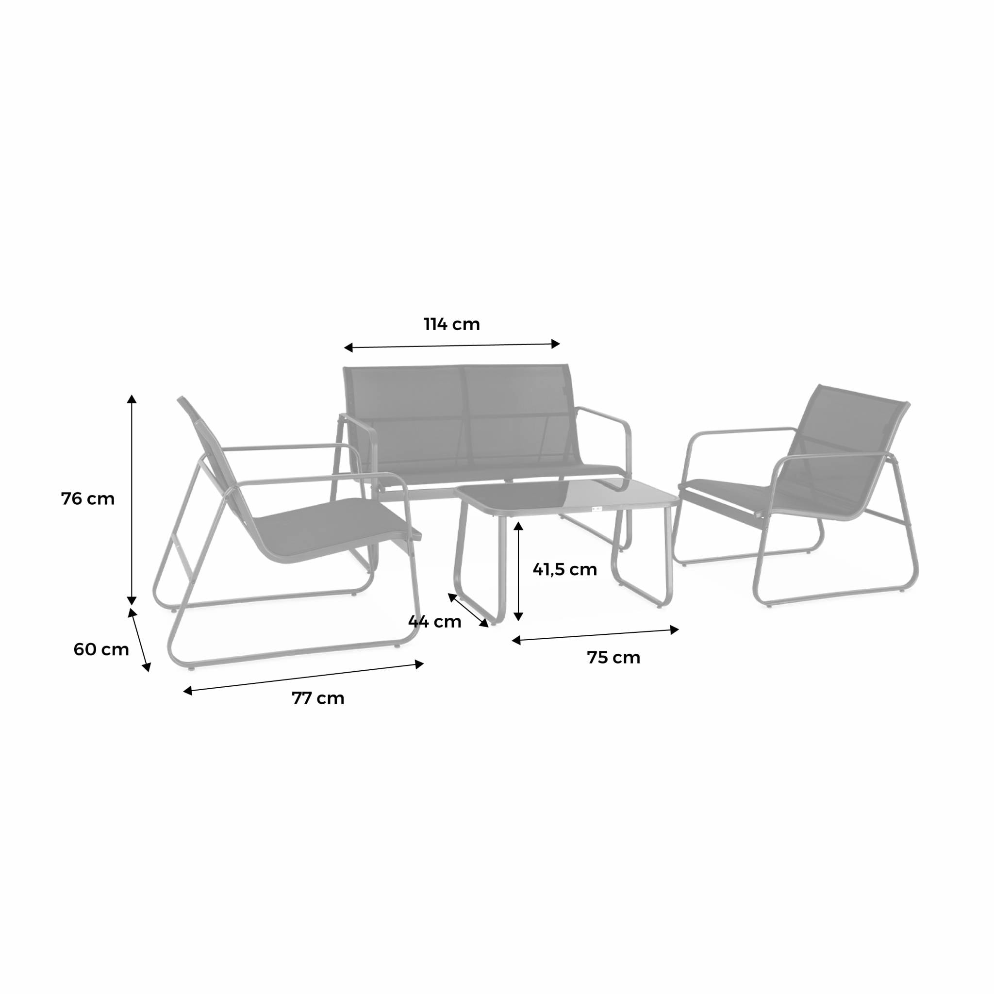 Salon de jardin en métal  et textilène pour 4 personnes. gris foncé et noir. design