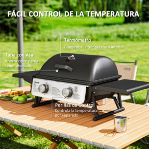 Barbacoa de Gas con 2 Quemadores de Acero Inoxidable 2,8 KW Barbacoa Portátil con Mesas Laterales Plegables Bandeja Extraíble y Termómetro para Pícnic Camping 101x48x41 cm Negro