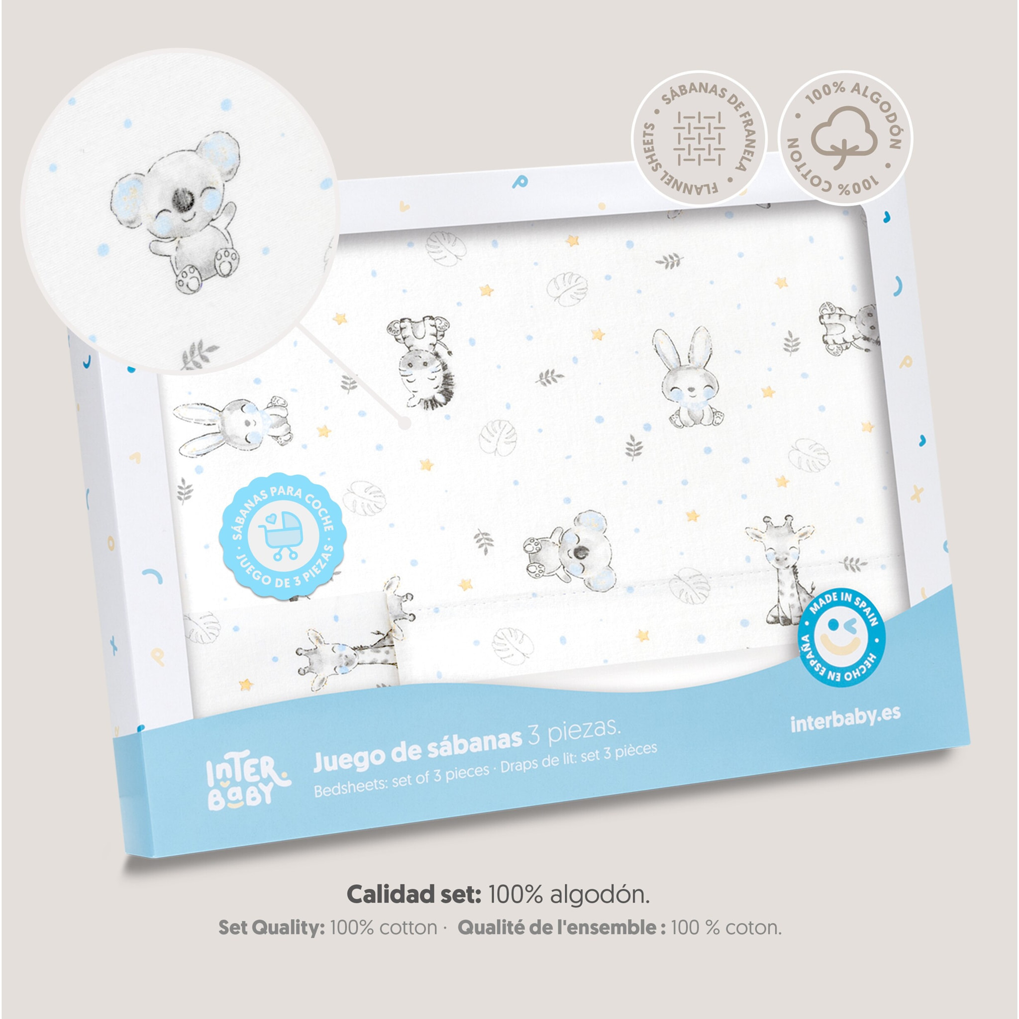 Triptico Coche Franela Modelo Koala Bco/Azul