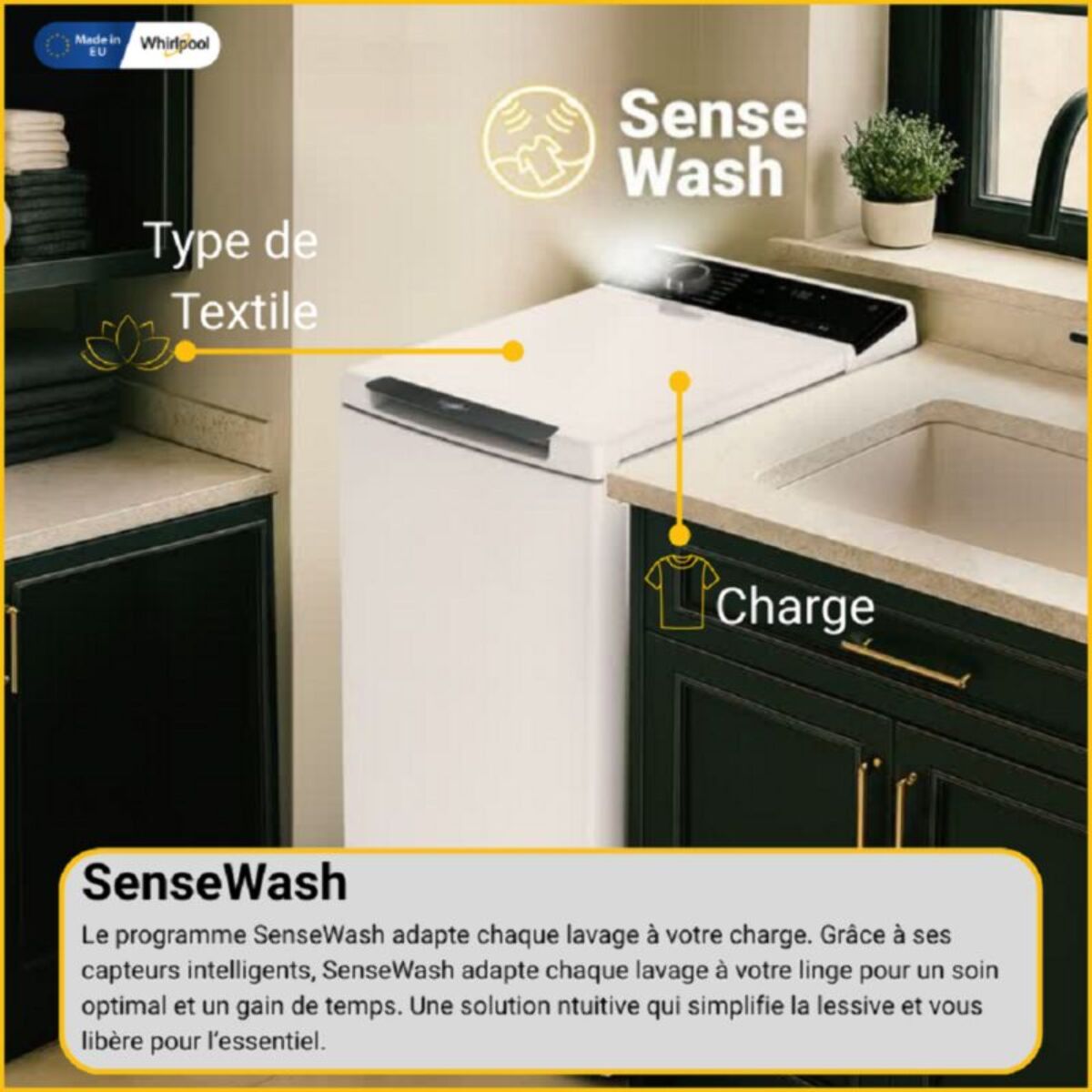 Lave linge top WHIRLPOOL TW621CSILENCEFR - 6 kg - 1200 tr/min - Classe A - Moteur induction - Connecté WiFi