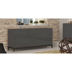 Credenza moderna a 3 ante e 1 cassetto, Made in Italy, Madia da cucina, Buffet di design da soggiorno, cm 170x40h47, colore Antracite lucido