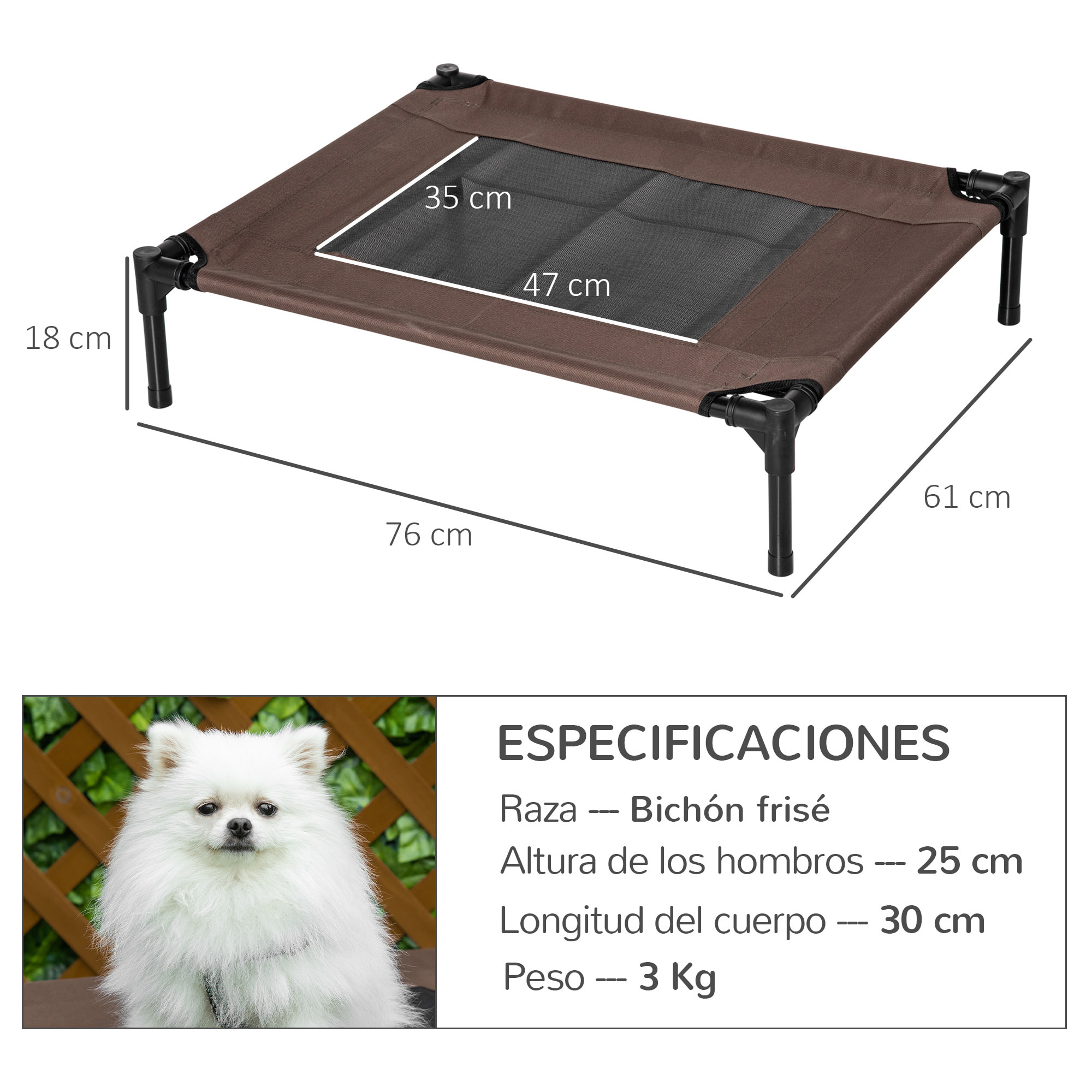 Cama Elevada para Perros Gatos Portátil Cama para Mascotas con Zona de Malla Transpirable y Tela Oxford Marco de Acero para Interior Exterior 76x61x18 cm Marrón