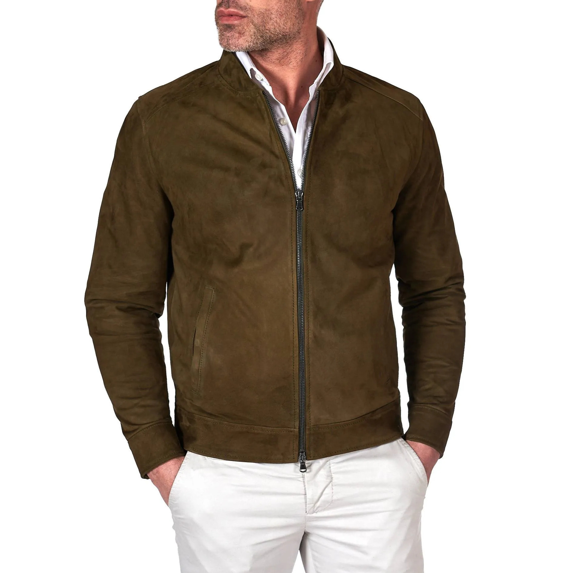 Giacca in pelle scamosciata colore verde khaki con cerniera