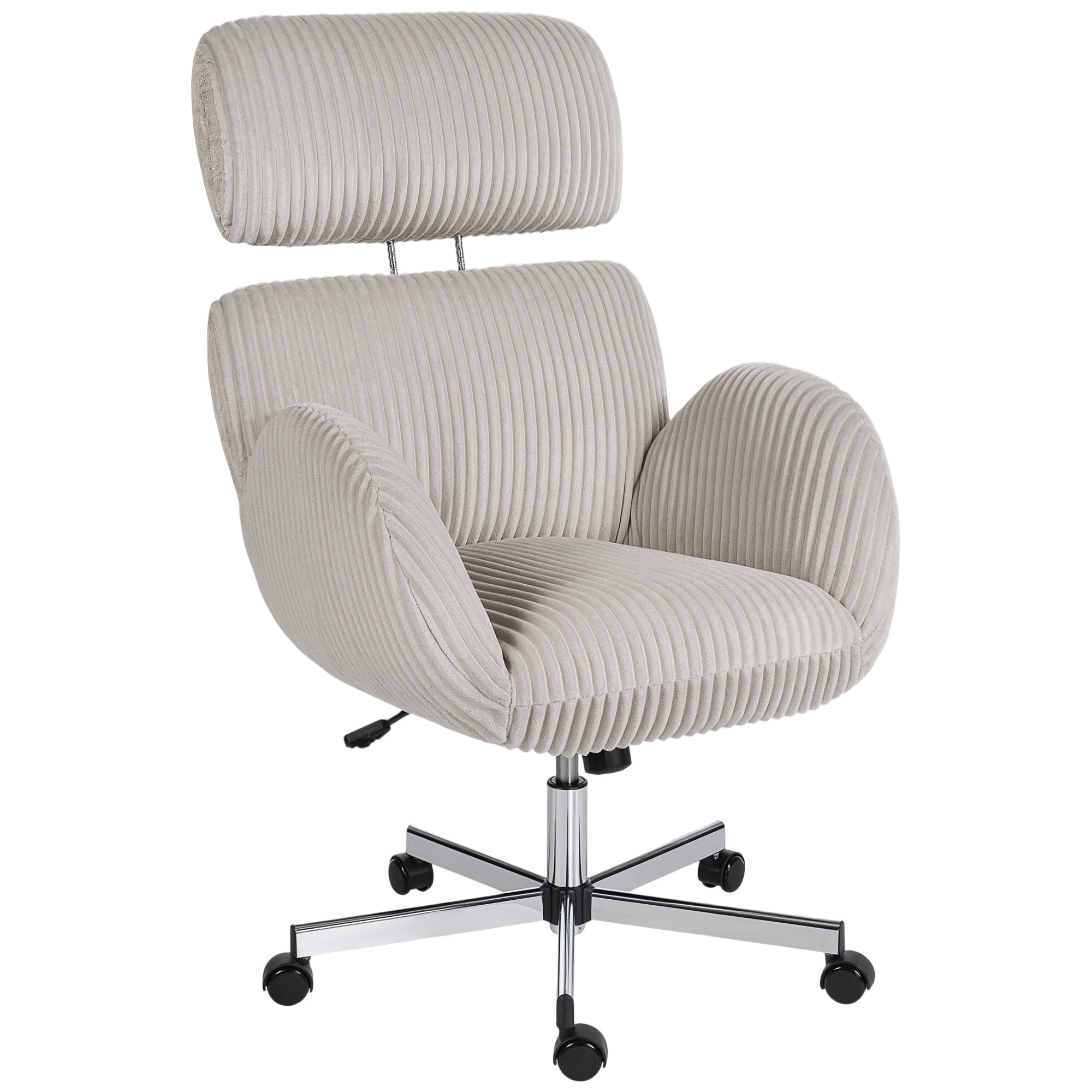 Silla de Oficina Piernas Cruzadas, Silla de Escritorio con Reposabrazos, Respaldo Alto, Reposacabezas Regulable, Ruedas, Altura Ajustable, Giratoria, Función Basculante, Tapizada en Pana, Gris