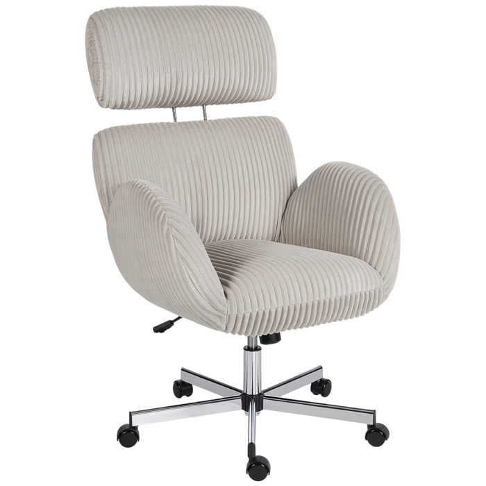 Silla de Oficina Piernas Cruzadas, Silla de Escritorio con Reposabrazos, Respaldo Alto, Reposacabezas Regulable, Ruedas, Altura Ajustable, Giratoria, Función Basculante, Tapizada en Pana, Gris