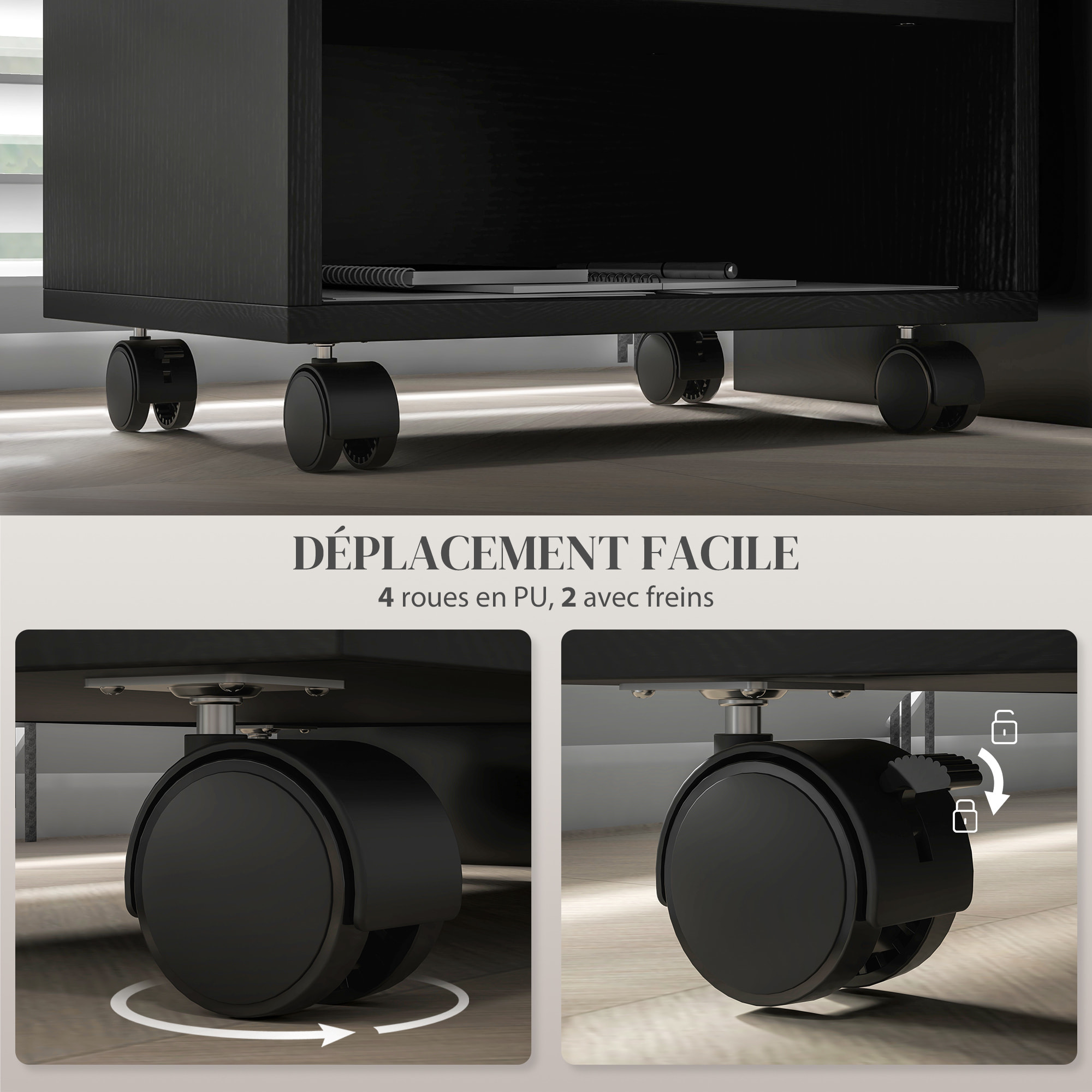 Support d'imprimante caisson de bureau 3 niches - dim. 40L x 30l x 36H cm - panneaux noir