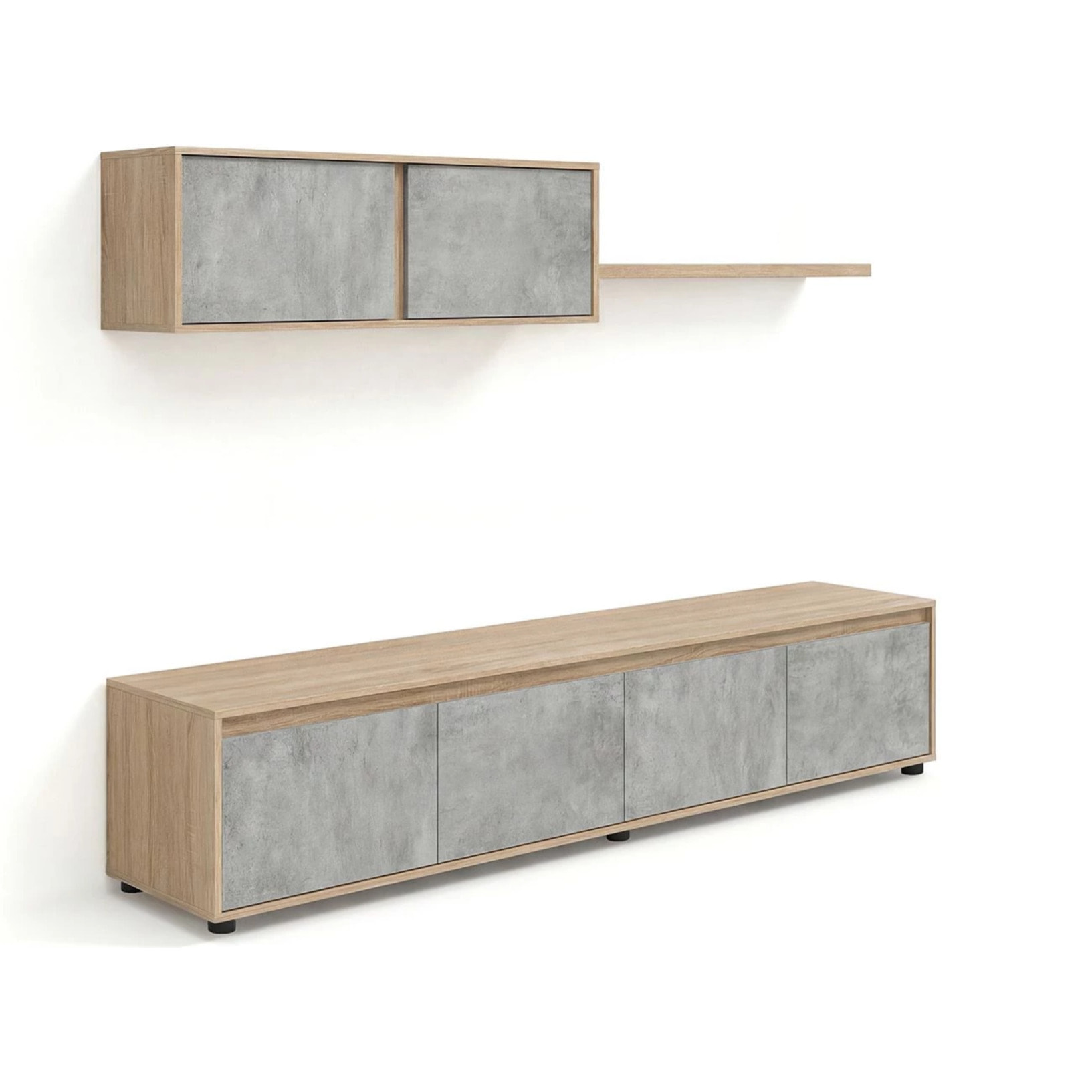 Salón con mueble de TV y estantería en roble canadian y gris cemento 200 cm Arlet Roble Canadian - Gris Cemento