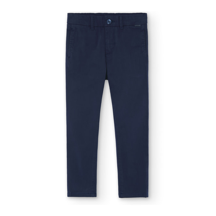 Pantalón elástico niño liso, satén, azul, cierre botón