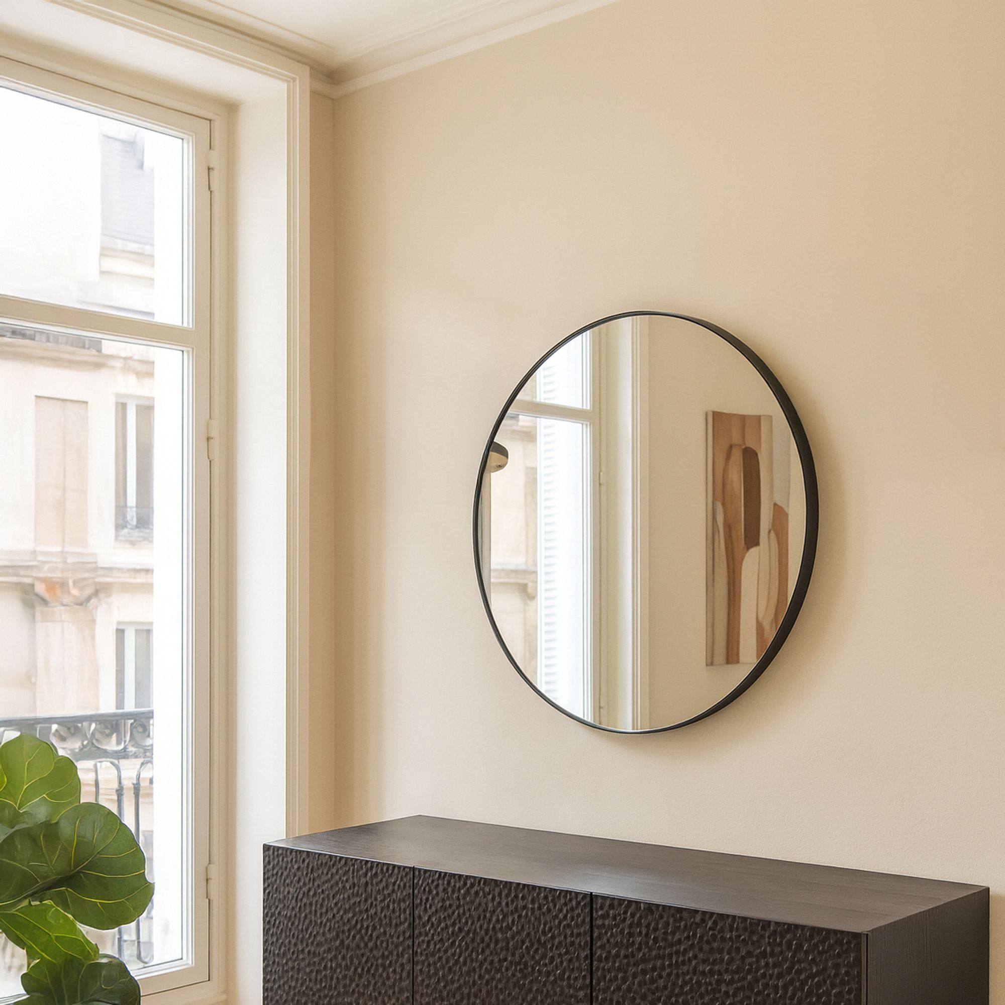 Miroir rond loft avec contour en étain noir 92cm LOFT