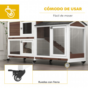 Conejera de Madera con Ruedas 157,4x53x99,5 cm Jaula para Conejos Grande con Techo Asfáltico Bandeja Extraíble y Rampa para Exterior e Interior Marrón