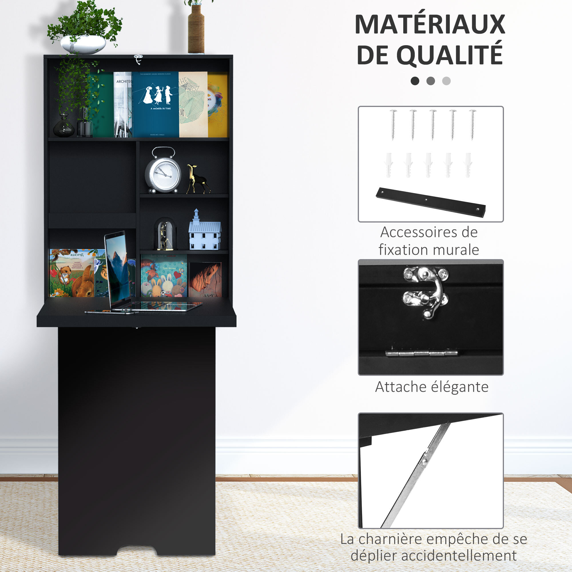 Bureau mural pliable table murale rabattable suspendue sur pied étagère + tableau à craie intégré MDF noir
