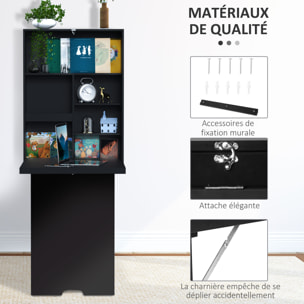 Bureau mural pliable table murale rabattable suspendue sur pied étagère + tableau à craie intégré MDF noir