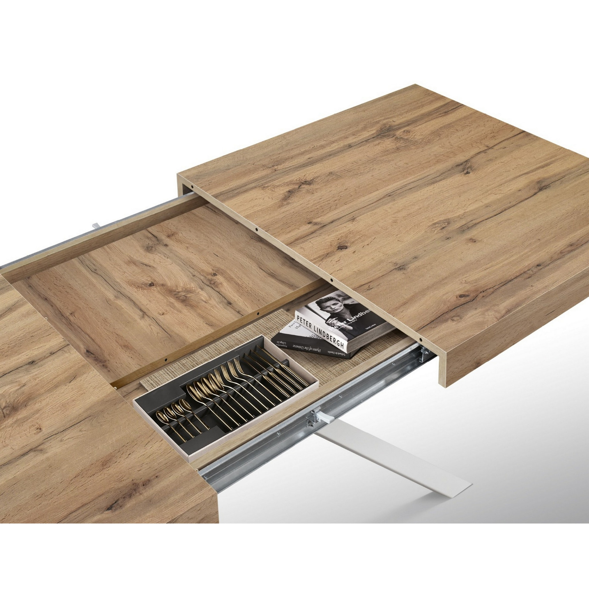 Tavolo FORTE DEI MARMI in legno, finitura rovere rustico e gambe incrociate in metallo bianco, allungabile 95x90 cm - 145 x 90 cm