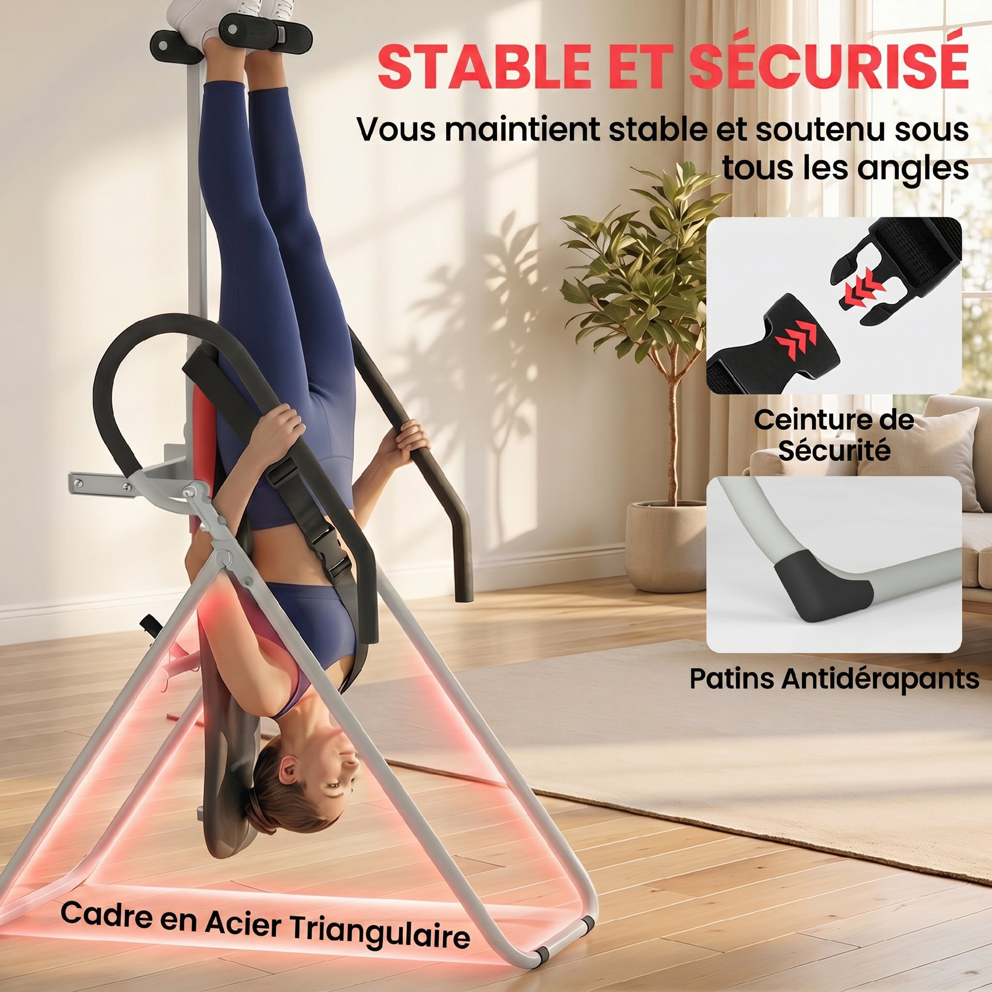 Table d'inversion pliable réglable - option 90 degrés - ceinture sécurité - gris rouge noir
