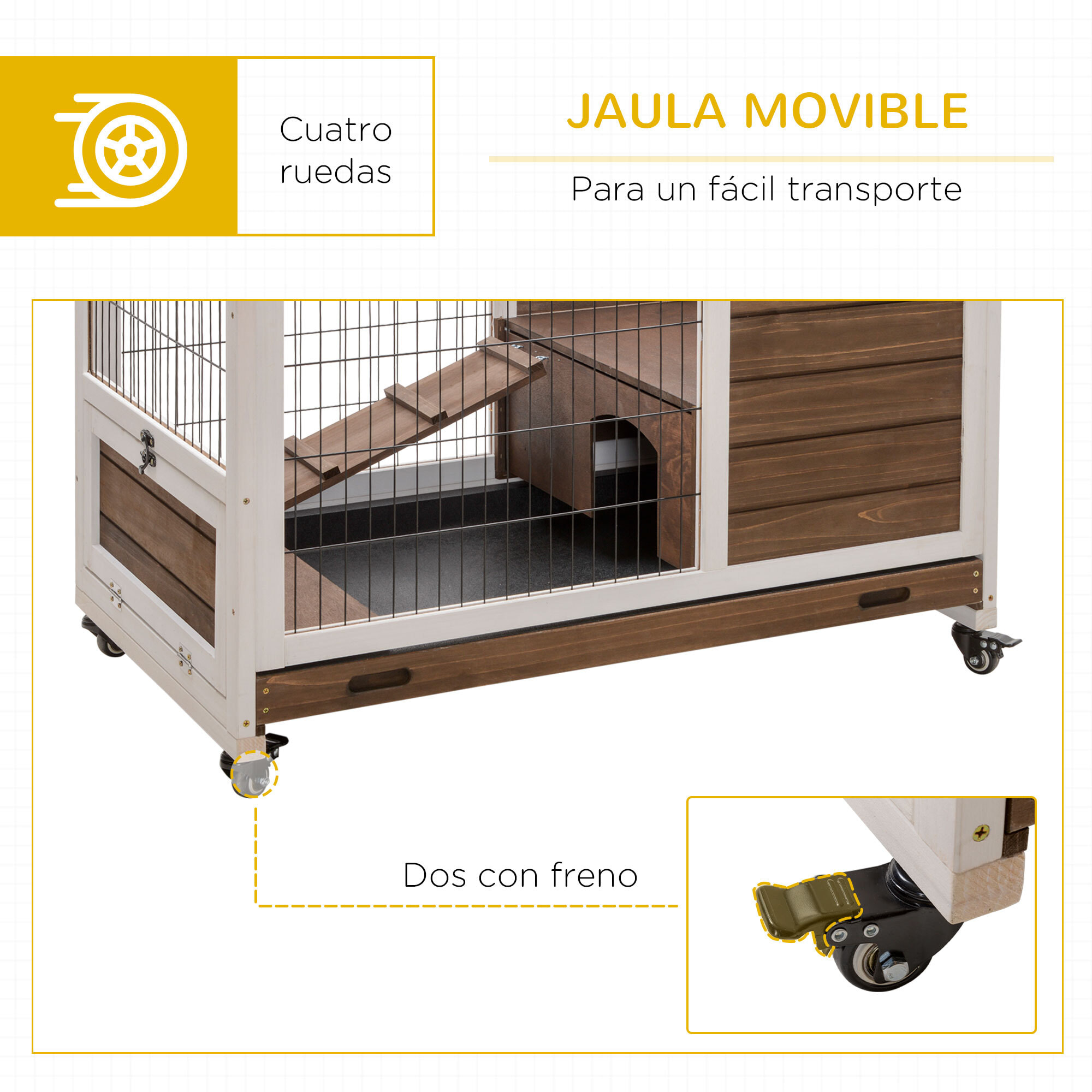 Jaula para Conejos de Madera Conejera para Mascotas Pequeñas Portátil Interior con Techo Abrible Rampa Bandeja Extraíble para Conejillos de Indias 90x53x59 cm Marrón