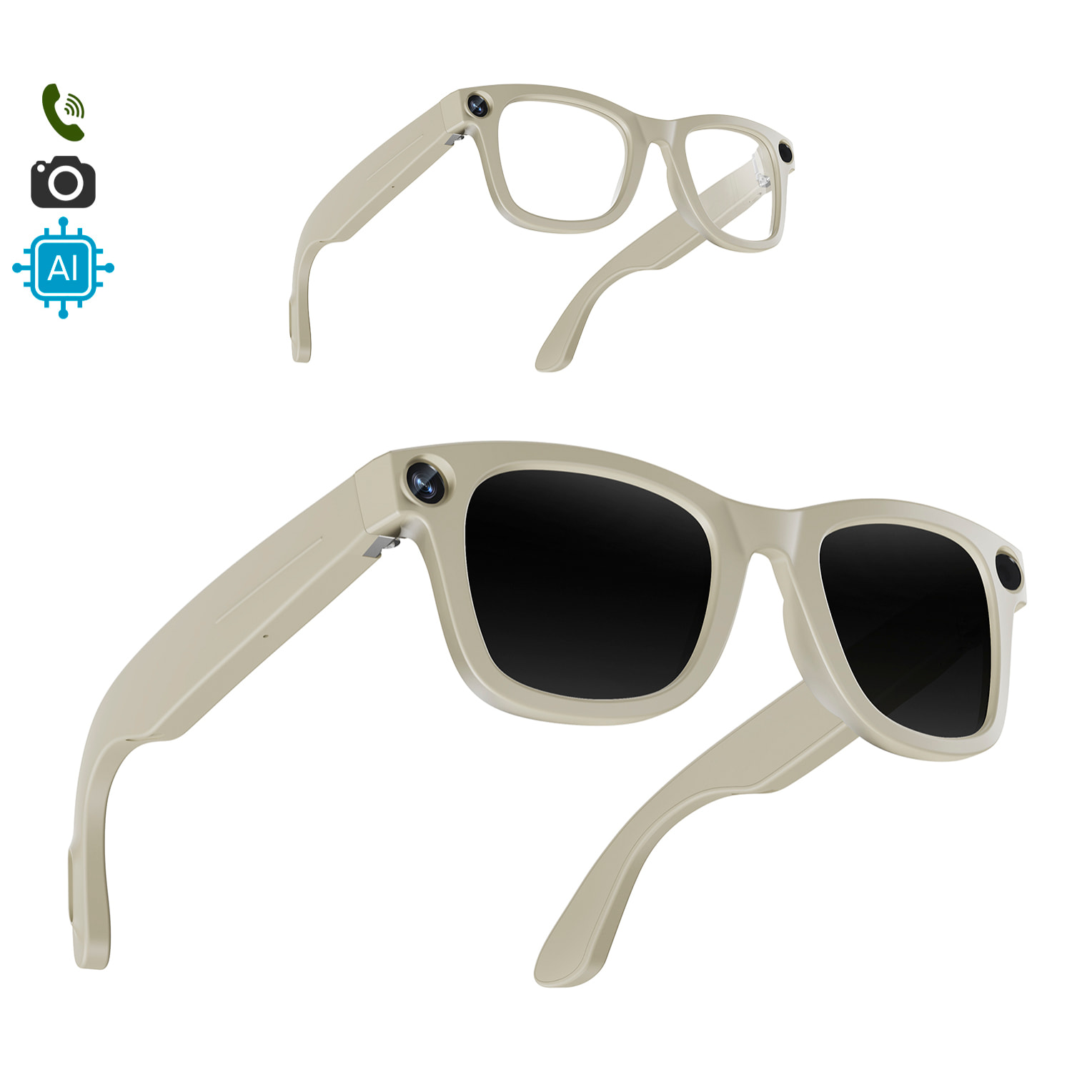 Gafas inteligentes E3. Con cámara de 8MPX, vídeos en 1080p, traductor AI en tiempo real y control de música/llamadas. Con lentes oscuras y transparentes.