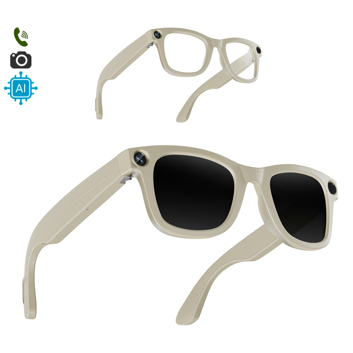 Gafas inteligentes E3. Con cámara de 8MPX, vídeos en 1080p, traductor AI en tiempo real y control de música/llamadas. Con lentes oscuras y transparentes.