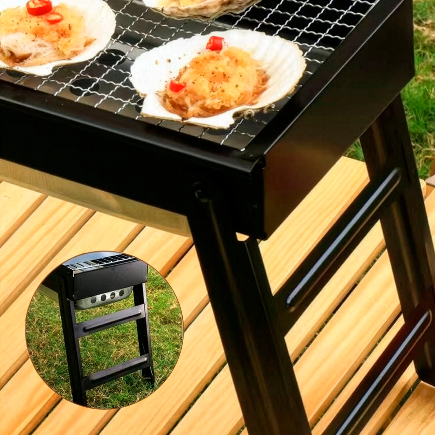 Barbacoa portátil de carbón YF-60 con diseño plegable, bandeja deslizante y ventilación optimizada para una cocción uniforme y eficiente.