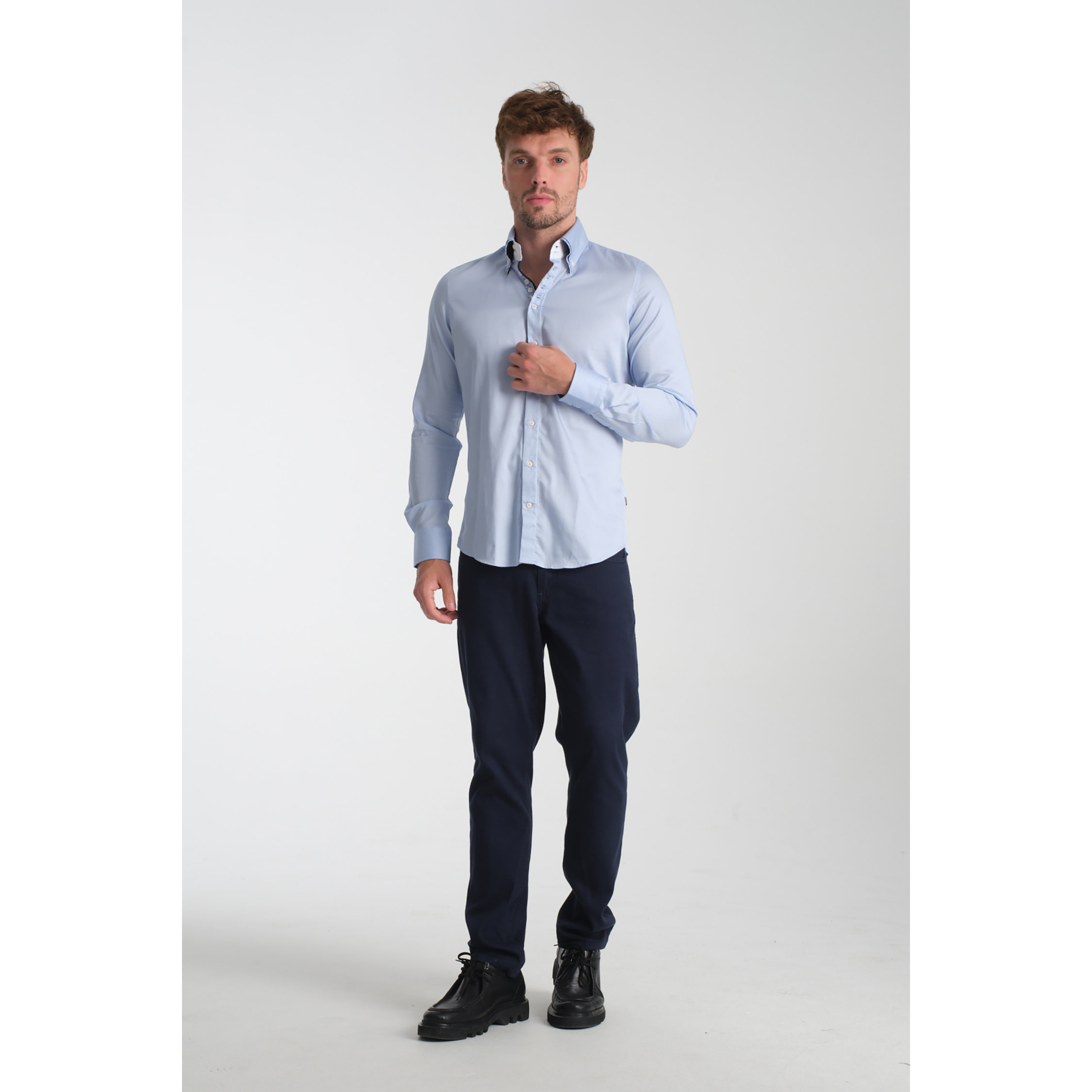 Camicia Uomo 2 Bottoni Button Down 7bottoni Doppio Coll Satin Unito Celeste