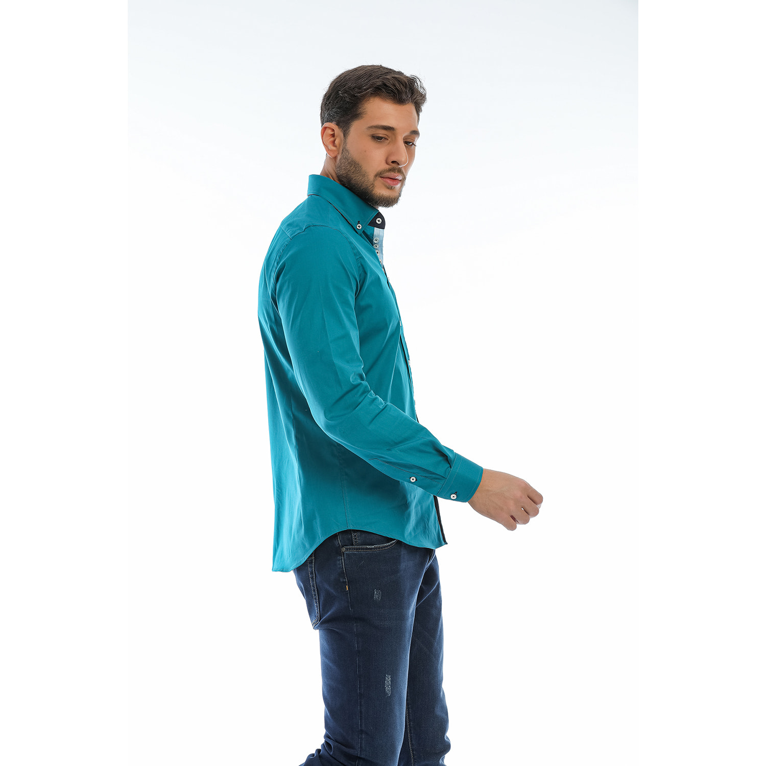 Camicia Uomo 1 Bottoni Button Down Slim Popeline Stretch Unito Verde Ottanio